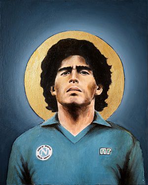 Diego Maradona, David Dielh, huile sur bois, feuille dor, 2019. Collection muse national du Sport, Nice @MNS 2019
